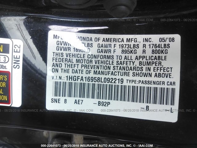 1HGFA16958L092219 - 2008 HONDA CIVIC EXL BLACK photo 9