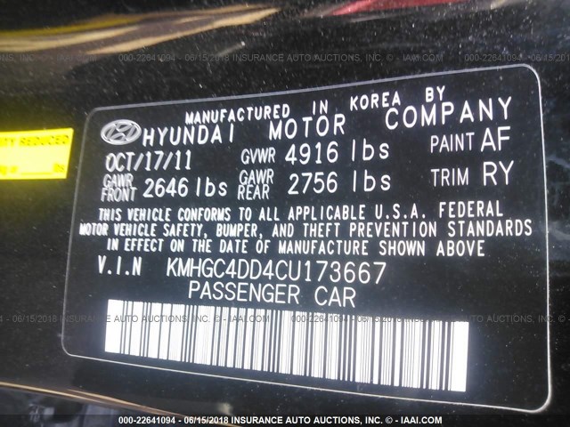 KMHGC4DD4CU173667 - 2012 HYUNDAI GENESIS 3.8L BLACK photo 9