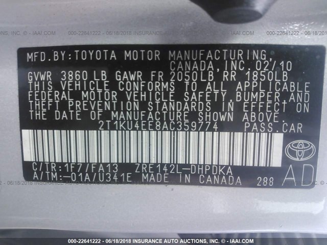 2T1KU4EE8AC359774 - 2010 TOYOTA COROLLA MATRIX  SILVER photo 9