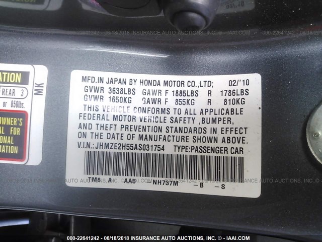 JHMZE2H55AS031754 - 2010 HONDA INSIGHT LX GRAY photo 9