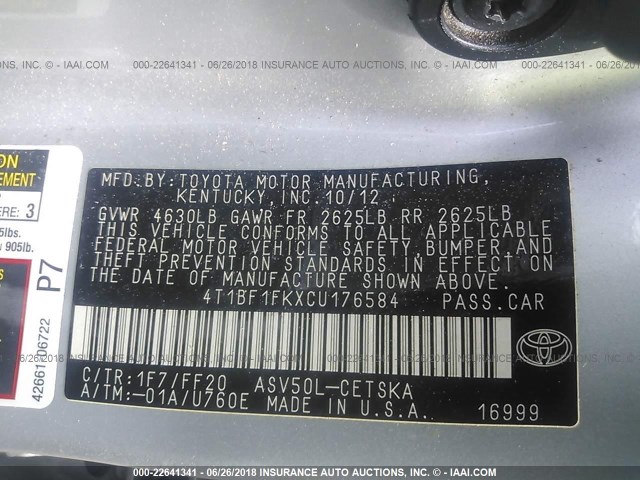 4T1BF1FKXCU176584 - 2012 TOYOTA CAMRY SE/LE/XLE SILVER photo 9