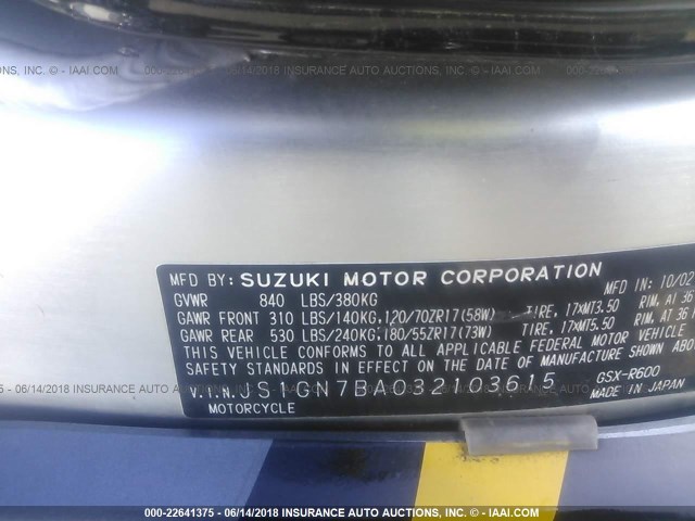 JS1GN7BA032103615 - 2003 SUZUKI GSX-R600 BLACK photo 10