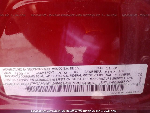 3VWRT71K76M714363 - 2006 VOLKSWAGEN JETTA TDI RED photo 9