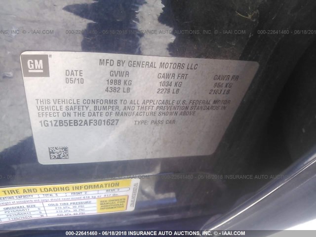 1G1ZB5EB2AF301627 - 2010 CHEVROLET MALIBU LS Mavi foto 9