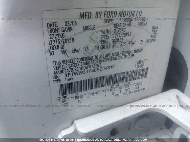 1FTWW31P46ED14610 - 2006 FORD F350 SRW SUPER DUTY WHITE photo 10