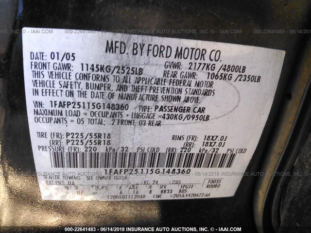 1FAFP25115G148360 - 2005 FORD FIVE HUNDRED LIMITED BLACK photo 9