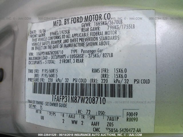 1FAFP31N87W208710 - 2007 FORD FOCUS ZX3/S/SE/SES GRAY photo 9