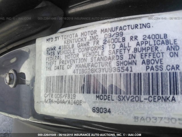 4T1BG28K3YU936541 - 2000 TOYOTA CAMRY CE/LE/XLE 灰色 照片 9