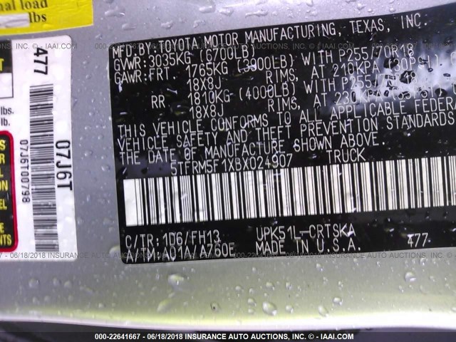 5TFRM5F1XBX024907 - 2011 TOYOTA TUNDRA DOUBLE CAB SR5 SILVER photo 9