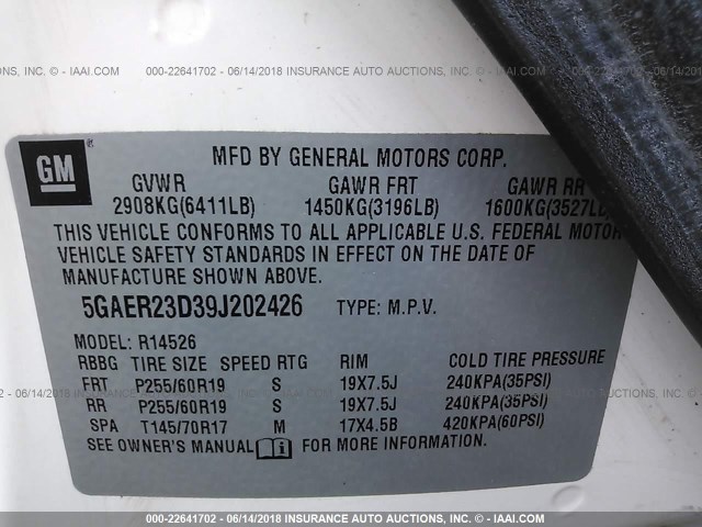 5GAER23D39J202426 - 2009 BUICK ENCLAVE CXL 白色 照片 9