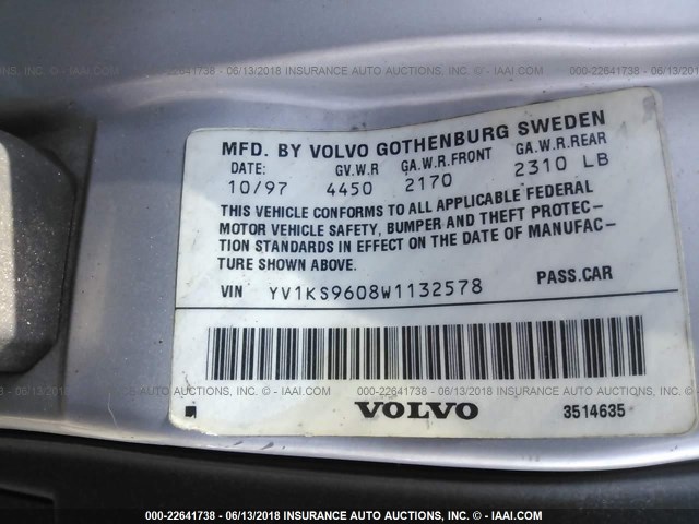 YV1KS9608W1132578 - 1998 VOLVO S90 GRAY photo 9