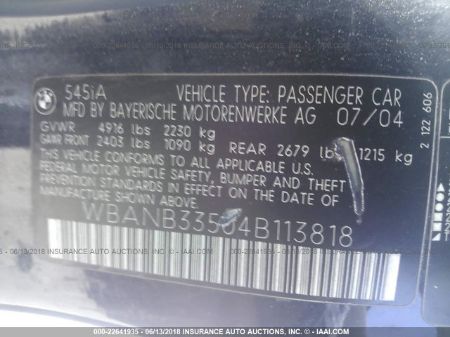 WBANB33504B113818 - 2004 BMW 545 I BLUE photo 9