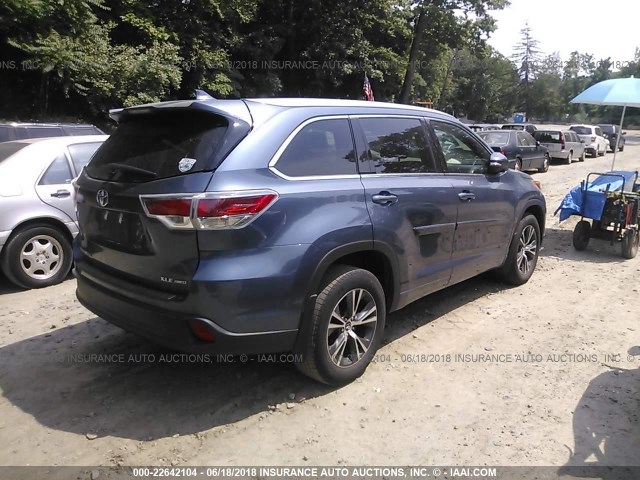 5TDJKRFH1GS296248 - 2016 TOYOTA HIGHLANDER XLE Կապույտ լուսանկար 4