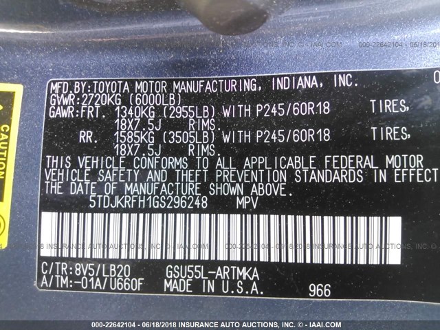 5TDJKRFH1GS296248 - 2016 TOYOTA HIGHLANDER XLE Կապույտ լուսանկար 9