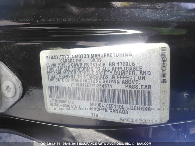 2T1BR12E3YC284674 - 2000 TOYOTA COROLLA VE/CE/LE 黑色 照片 9