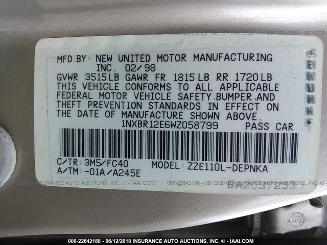 1NXBR12E6WZ058799 - 1998 TOYOTA COROLLA VE/CE/LE 棕色 照片 9