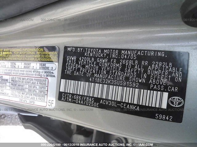 4T1BE32K35U591592 - 2005 TOYOTA CAMRY LE/XLE/SE ვერცხლისფერი ფოტო 9