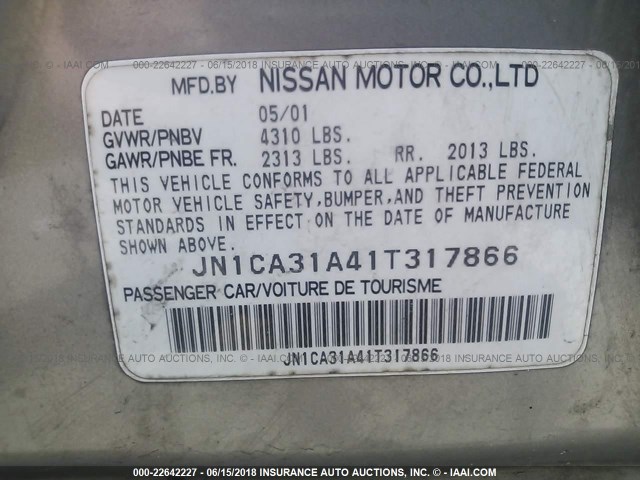 JN1CA31A41T317866 - 2001 NISSAN MAXIMA GXE/SE/GLE/20TH ANNIV SILVER photo 9