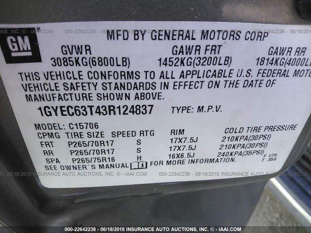 1GYEC63T43R124837 - 2003 CADILLAC ESCALADE LUXURY თაფლისფერი ფოტო 9