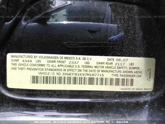 3VWEF81K97M187715 - 2007 VOLKSWAGEN JETTA WOLFSBURG 黑色 照片 9