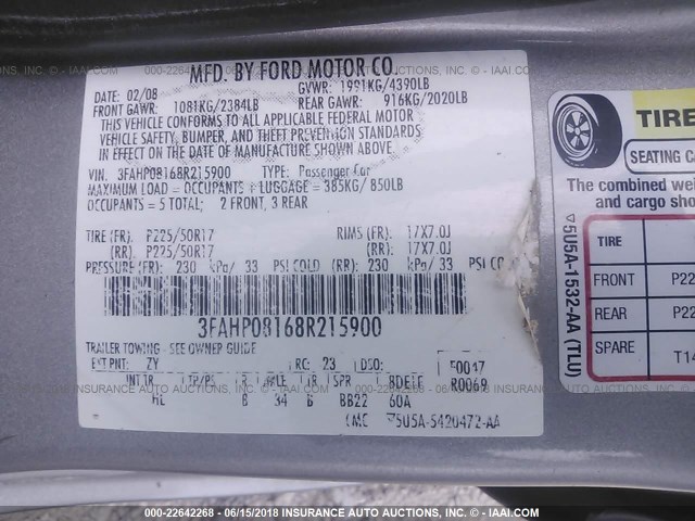 3FAHP08168R215900 - 2008 FORD FUSION SEL SILVER photo 9