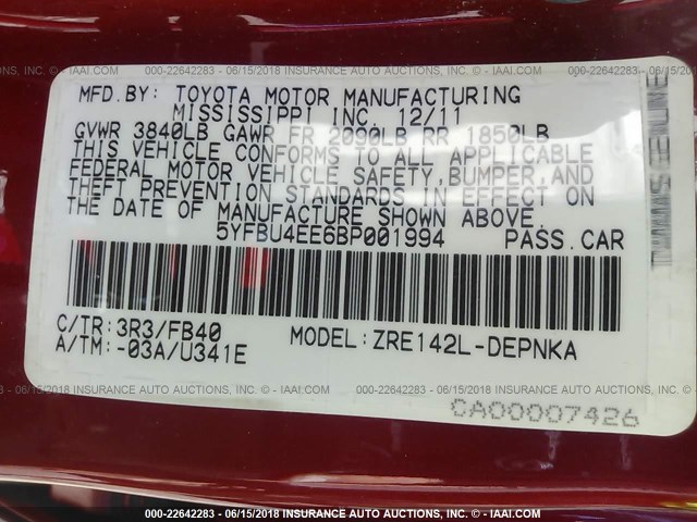 5YFBU4EE6BP001994 - 2011 TOYOTA COROLLA S/LE RED photo 9