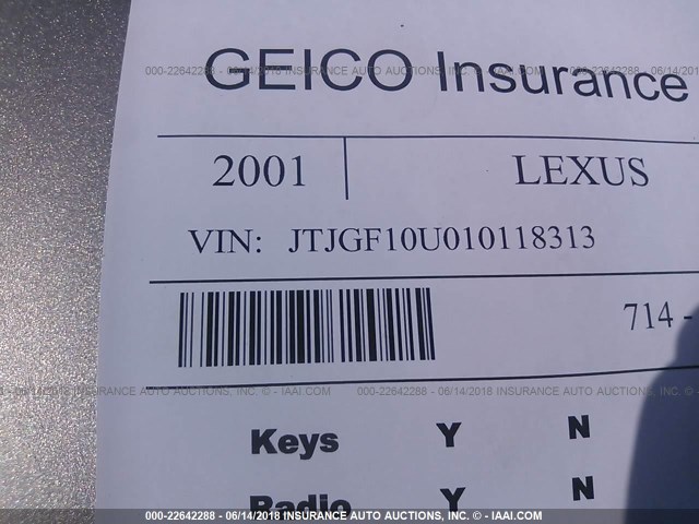 JTJGF10U010118313 - 2001 LEXUS RX 300 GOLD photo 9