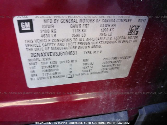 2GNAXVEV3J6104631 - 2018 CHEVROLET EQUINOX PREMIER RED photo 9