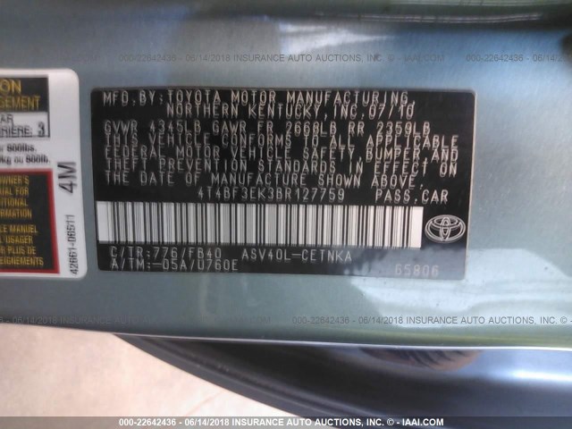 4T4BF3EK3BR127759 - 2011 TOYOTA CAMRY SE/LE/XLE ტურკოუსი ფოტო 9