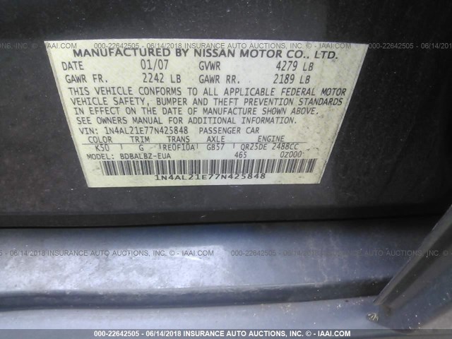 1N4AL21E77N425848 - 2007 NISSAN ALTIMA 2.5/2.5S BLUE photo 9