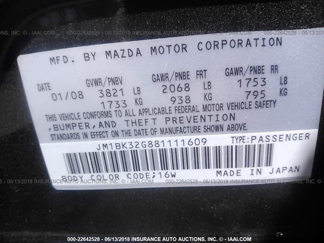 JM1BK32G881111609 - 2008 MAZDA 3 I BLACK photo 9