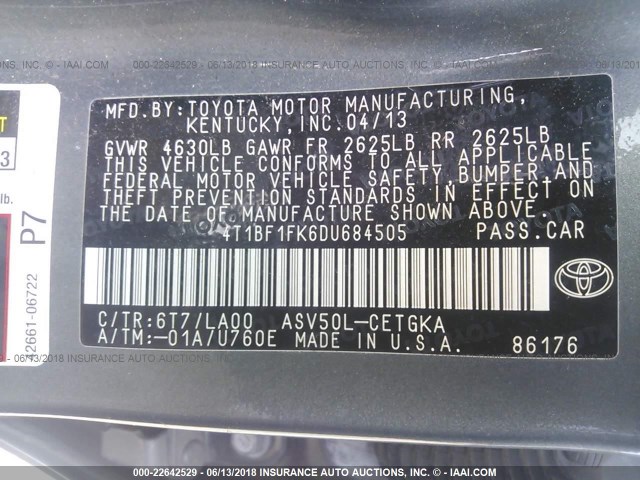 4T1BF1FK6DU684505 - 2013 TOYOTA CAMRY L/SE/LE/XLE 绿色 照片 9