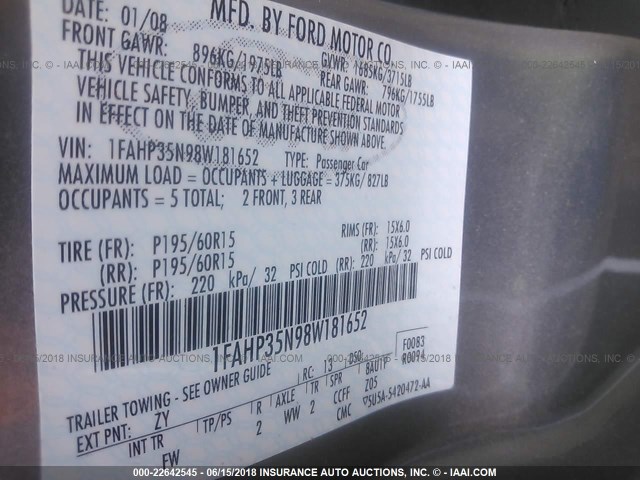 1FAHP35N98W181652 - 2008 FORD FOCUS SE/SEL/SES GRAY photo 9