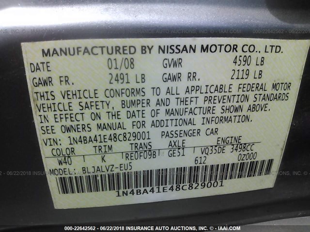 1N4BA41E48C829001 - 2008 NISSAN MAXIMA SE/SL GREEN photo 9