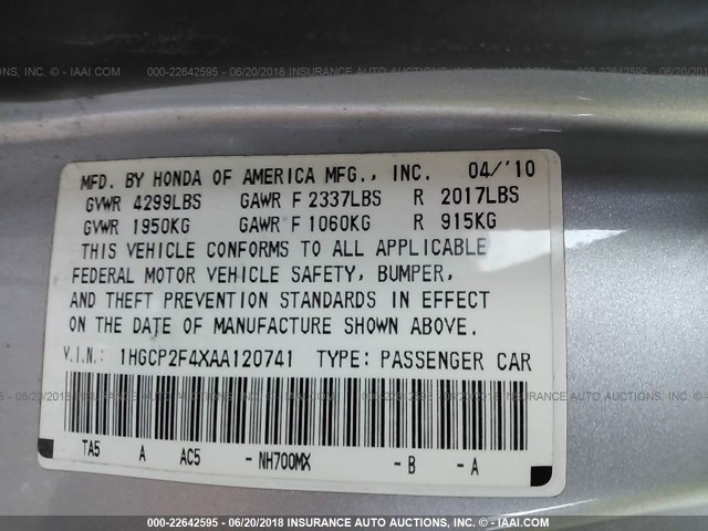 1HGCP2F4XAA120741 - 2010 HONDA ACCORD LXP SILVER photo 9