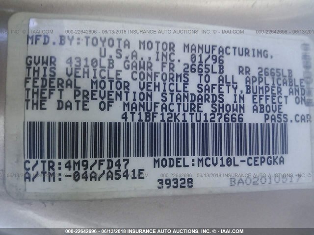 4T1BF12K1TU127666 - 1996 TOYOTA CAMRY LE/XLE/SE ოქროსფერი ფოტო 9