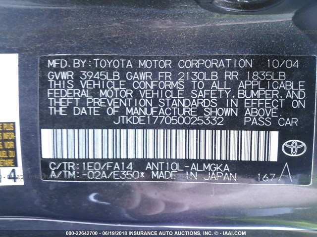 JTKDE177050025332 - 2005 TOYOTA SCION TC 灰色 照片 9