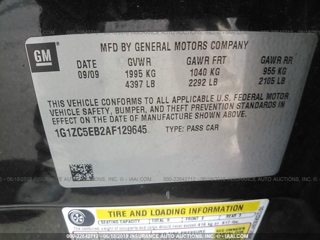 1G1ZC5EB2AF129645 - 2010 CHEVROLET MALIBU 1LT 黑色 照片 9