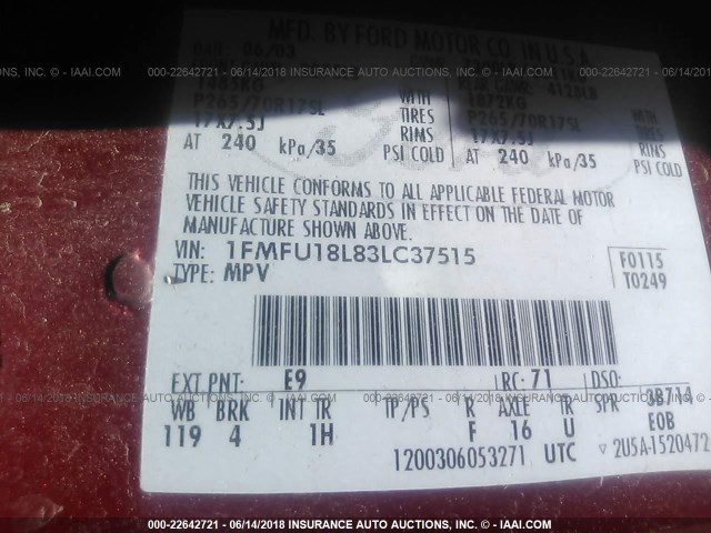 1FMFU18L83LC37515 - 2003 FORD EXPEDITION EDDIE BAUER RED photo 9