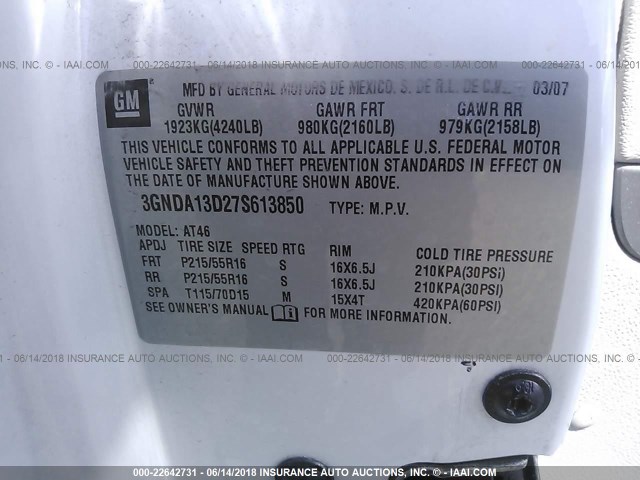 3GNDA13D27S613850 - 2007 CHEVROLET HHR LS WHITE photo 9