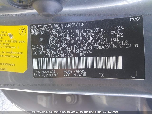 JTEHF21AX30131358 - 2003 TOYOTA HIGHLANDER LIMITED BLUE photo 9