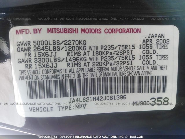 JA4LS21H42J061396 - 2002 MITSUBISHI MONTERO SPORT ES/SPORT LS BLACK photo 9