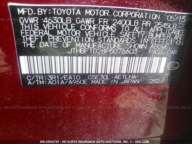 JTHBF1D28F5076603 - 2015 LEXUS IS 250 RED photo 9