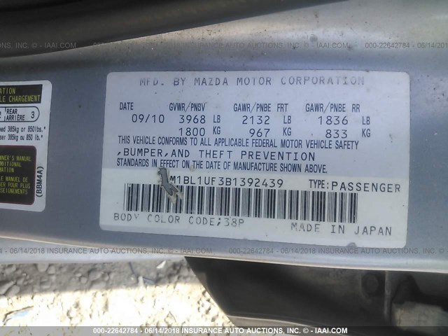 JM1BL1UF3B1392439 - 2011 MAZDA 3 I SILVER photo 9