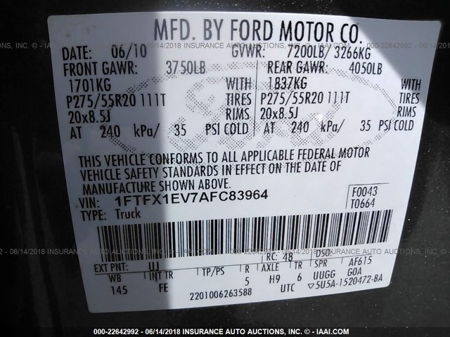 1FTFX1EV7AFC83964 - 2010 FORD F150 SUPER CAB GRAY photo 9