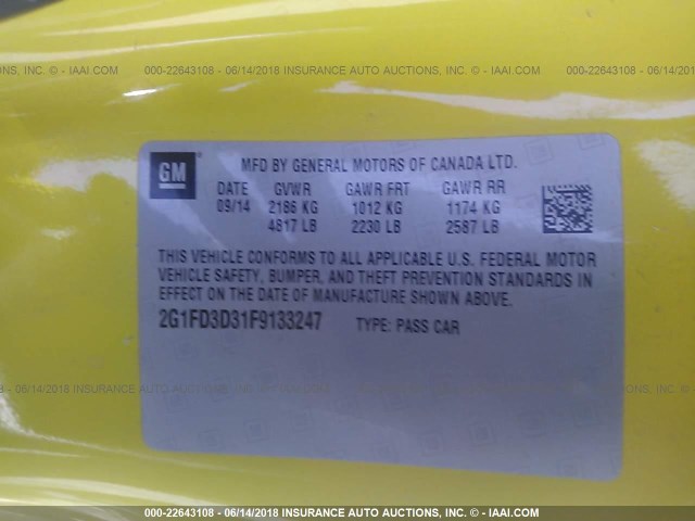 2G1FD3D31F9133247 - 2015 CHEVROLET CAMARO LT YELLOW photo 9