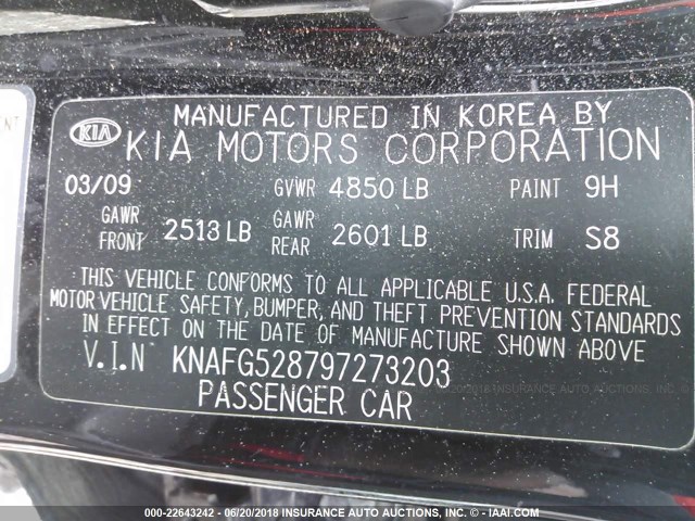 KNAFG528797273203 - 2009 KIA RONDO LX/EX BLACK photo 9