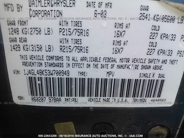 1J4GL48K53W700949 - 2003 JEEP LIBERTY SPORT/FREEDOM ლურჯი ფოტო 9