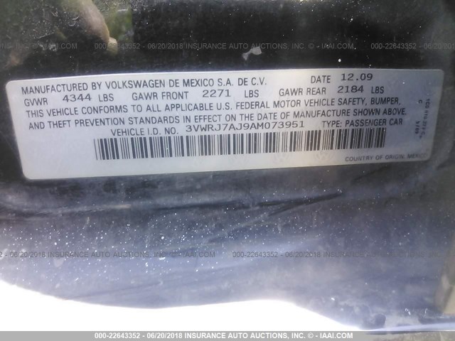 3VWRJ7AJ9AM073951 - 2010 VOLKSWAGEN JETTA WOLFSBURG 黑色 照片 9