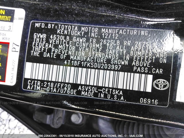 4T1BF1FK5DU203997 - 2013 TOYOTA CAMRY L/SE/LE/XLE 黑色 照片 9